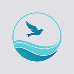 Blue bird flying over stylized waves in a circular logo design.
