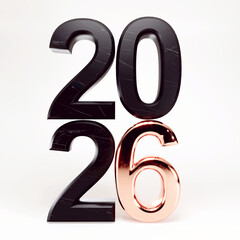 Stacked Year 2026 with Black Marble Texture and Shiny Copper Six, Standing on a Clean White Surface in High Resolution