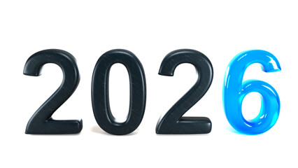 Year 2026 Text with Black Matte and Shiny Blue Glass Number Six, Isolated on a Pure White Background for Design