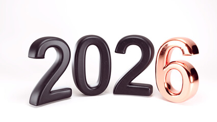 Year 2026 with Black Matte Numbers and Shiny Copper Number Six, Sitting on a Clean White Surface with Soft Light