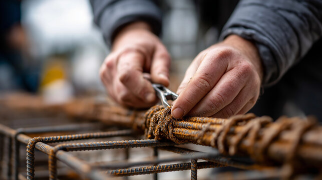 Rebar bundle being tied hands and pliers tight in frame slab grid defocused concrete prep reinforcement construction detail macro hands site work with copy space
