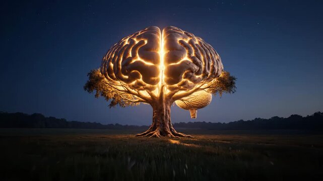Illuminated Brain Tree at Night - This surreal video depicts a tree with a trunk that morphs into a glowing brain structure, set against a dark night sky filled with stars.