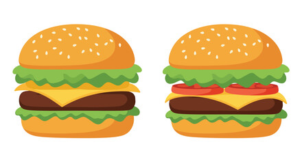 Two delicious cartoon burgers with cheese tomatoes and fresh green lettuce
