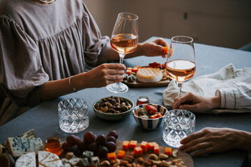 Glasses of rose wine seen during a dinner party of a celebration.