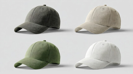Modern textured baseball caps mockup, multiple angles, clean minimal background