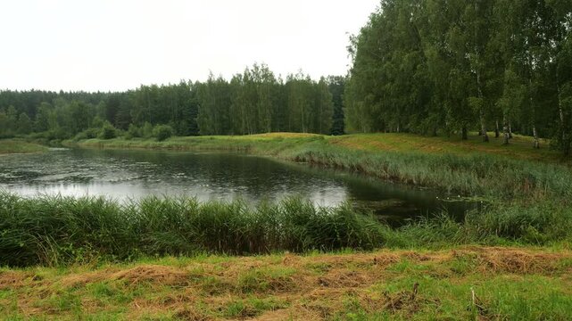 Panorama of small beautiful lake on rainy summer day in Pskov region of Russia