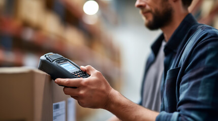 RFID gate beeping as pallet rolls through operator’s torso faceless racks defocused inventory tracking traceability supply chain tech warehouse automation with copy space