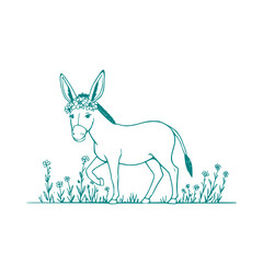 Naklejka premium Donkey wearing flower crown walking through a garden of flowers - funny vector