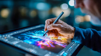 Close-up of a person sketching vibrant digital artwork on a tablet using a stylus pen