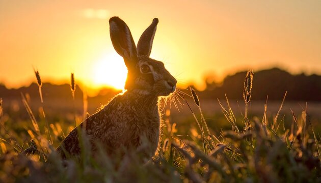 Hare silhouetted at sunset in tall grass field