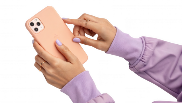 Person s hands holding and interacting with a peach colored smartphone case isolated on black background isolated on white background isolated on transparent background