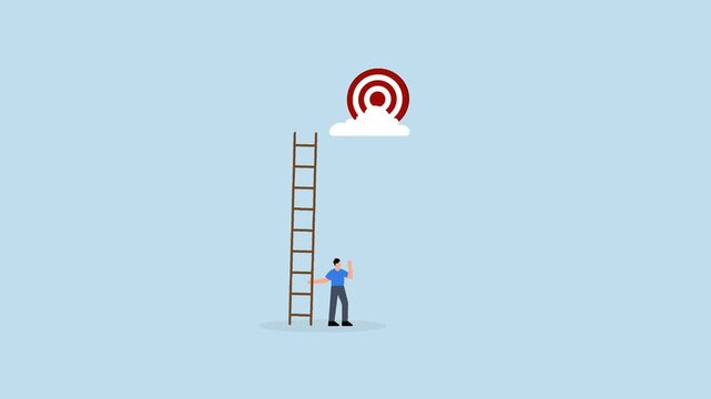 Mistake and error causing business problem and missing goal, despairing entrepreneur with an inadequate ladder cannot achieve goal