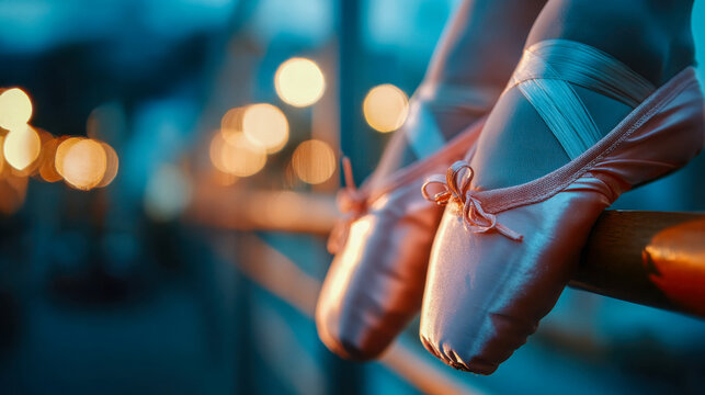 Ballet pointe shoes resting on a barre in warm glowing studio lights