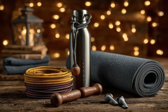 Home workout gear: yoga mat, water bottle, bands, weights, and earbuds.