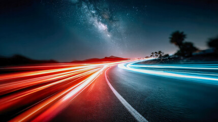 Colorful light trails of cars under a starry Milky Way sky on a winding desert road
