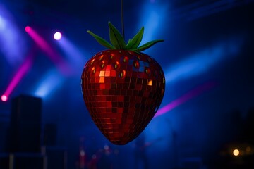 Strawberry Shaped Mirrorball Hung in Ambient Lit Nightclub Environment