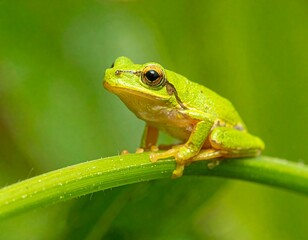 Obraz premium Tiny, vibrant green frog perched on a blade of grass