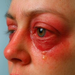 Inflamed Irritated Eyes and Skin of Person Suffering from an Allergic Reaction