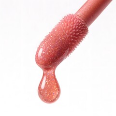 Lip Gloss Brush with Glittery Formula Dripping on White Background