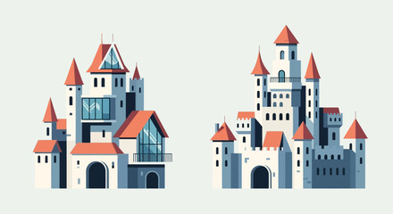 Fototapeta premium Set of two stylized fairytale castles with red roofs.