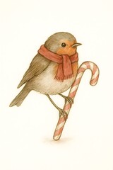 Charming Bird Wearing Scarf Perching on Candy Cane for Holiday Season