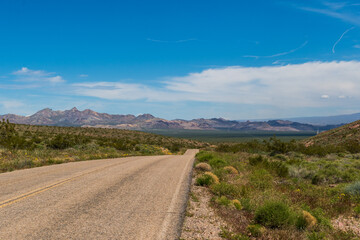Road Leaving Death Valley Toward Distant Mountains and Green Fields Under Blue Sky