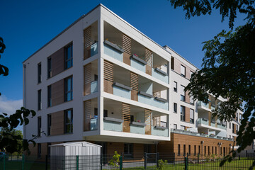 Exterior of a modern residential building with stylish balconies