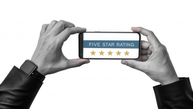 Hands holding a smartphone displaying a website with text and icons isolated on transparent background isolated on white background