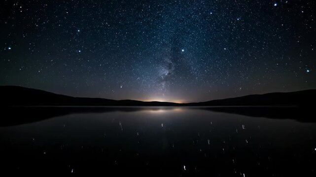 A breathtaking nightscape reveals a starry sky above calm water reflecting the Milky Way and dark silhouettes