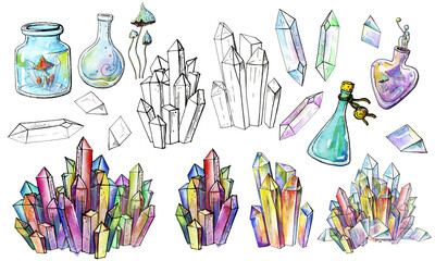 Magic elements set: crystals, mushrooms, potions. Presentation sheet with line art and watercolor versions.