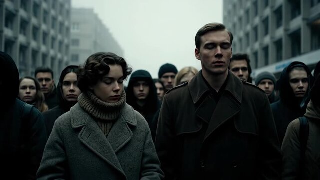 Somber Urban Protest - A group of people stands solemnly in a city street, shrouded in mist and gray hues.