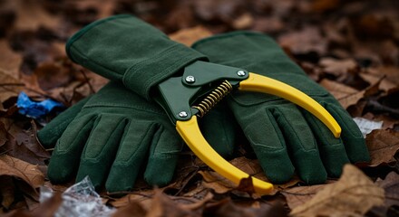 Gardening gloves and tools resting on fallen autumn leaves  