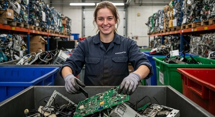 Young woman working with electronic waste in recycling facility  