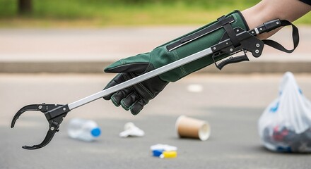 Person holding litter picker with glove in urban environment  