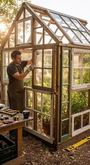 Man assembling greenhouse while working in outdoor garden setting  