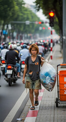 Woman walking on busy city street carrying a large bag of trash  
