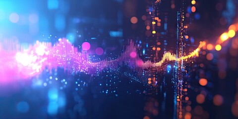 A futuristic cityscape with orange and blue graph lines, featuring bokeh lights and a high-tech digital overlay