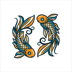 Hand-drawn Pisces zodiac sign illustration with two stylized fish forming a circular flow in vivid tones. Perfect for astrology, balance, and spiritual artwork. Part of set.