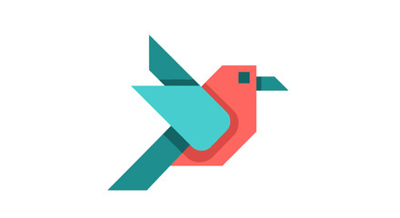 Stylized geometric origami bird flying on a white background.
