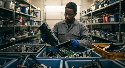 Black man sorting electronic waste in recycling facility indoors  