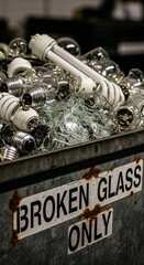 Broken glass and light bulbs in recycling bin marked for disposal  