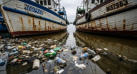 Fishing boats surrounded by plastic pollution in dirty water  