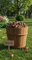 Wooden basket filled with acorns in a sunny green park  
