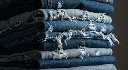 Stack of denim jeans in various shades on a dark background  