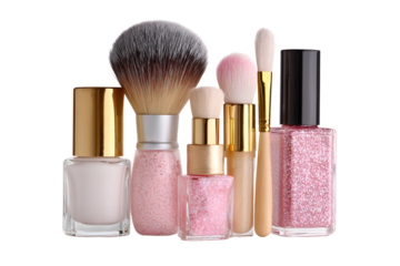 Collection of pink nail polish bottles and makeup brushes isolated on transparent background