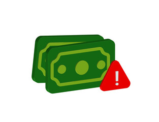 Simple 3D illustration of a banknote icon with a warning sign. Transparent background, PNG format.