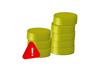 Simple 3D illustration of a stacked coins icon with a warning sign. Transparent background in PNG format.
