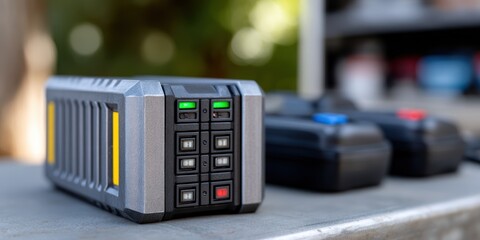 police drone battery showcase, clear photos of police drone battery packs, charging dock and power indicators, with optimized lighting and emphasis on battery technology