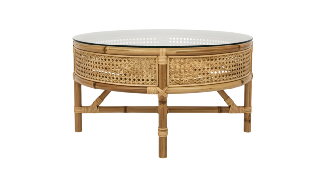 Wicker coffee table with a round glass top on a transparent background, the table is woven from light brown rattan, and showcases a modern stylish design, perfect for home decor.