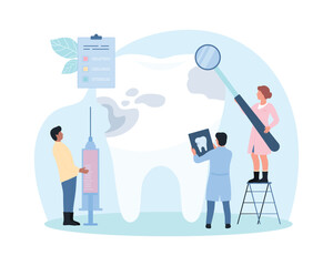 Caries treatment, stomatology vector illustration. Cartoon tiny dentists take care giant human tooth, people examine plaque on enamel of tooth with magnifying glass and xray, treat dental problems